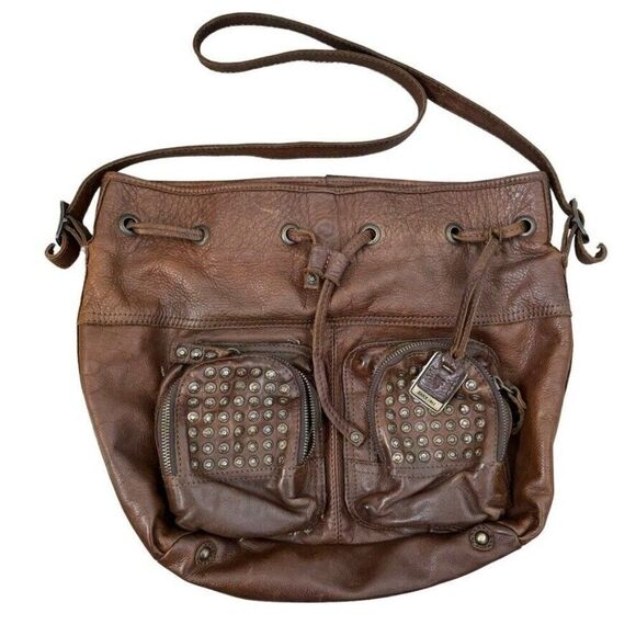 Frye Brooke Studded Brown Leather Drawstring Bucket Crossbody Bag Purse - Picture 3 of 9